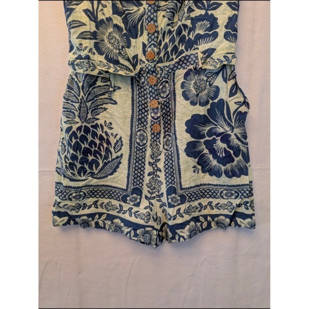 Farm Rio Blue Pineapple Floral Button Front Smocked Back Romper Small SN 300714 - Picture 4 of 14